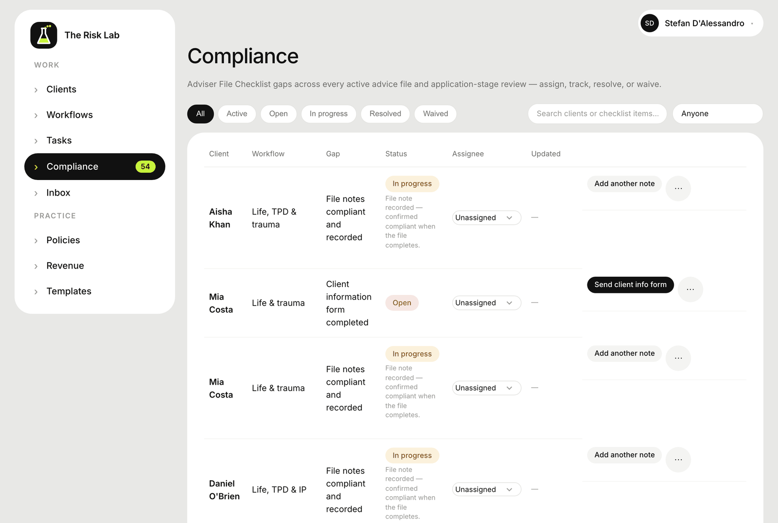 Compliance board: see what's missing before it costs you at review.
