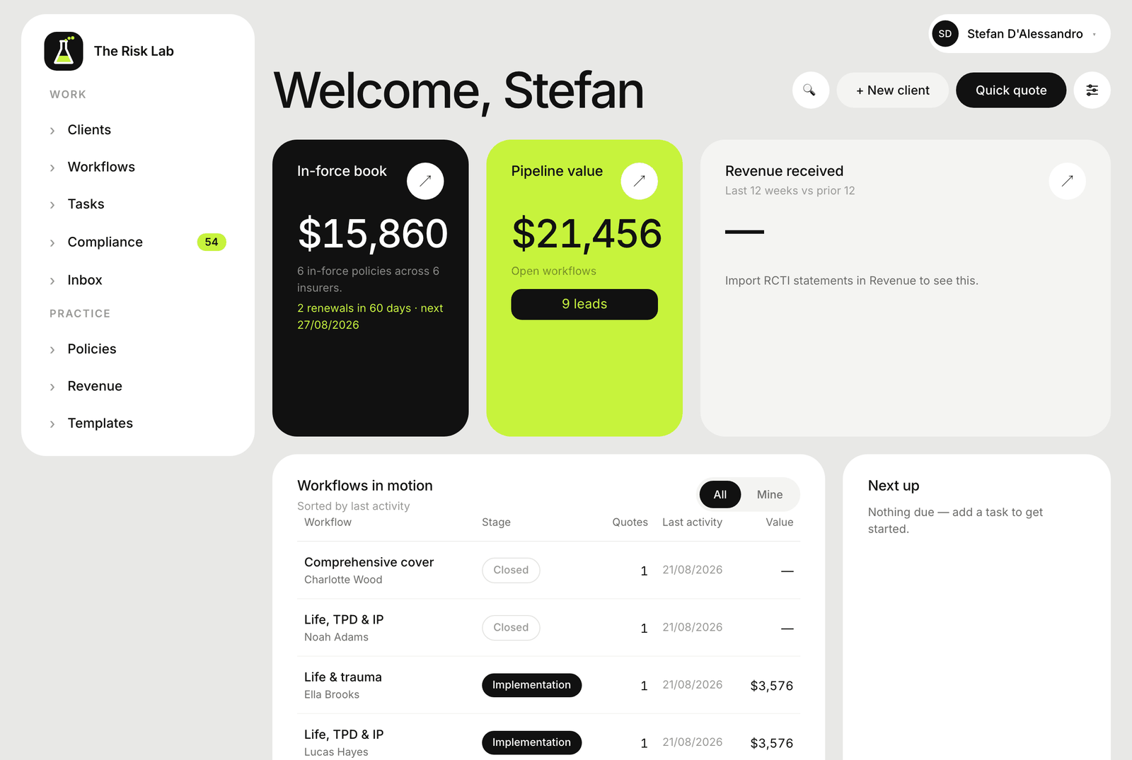 The Risk Lab dashboard: everything that needs your attention, on one screen.
